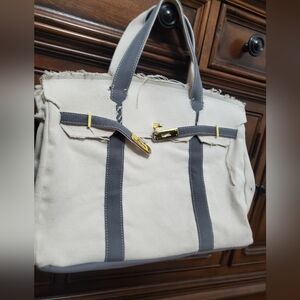 Canvas Disstresed  Tote with Gray Straps Handmade Handle Bag.